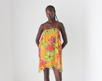 2000s Vibrant Vintage Georgette Silk Flower Print Mini Dress w/ Squiggle Straps