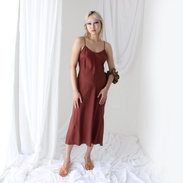 90s Pure Silk Bias Cut Chocolate / Mocha Spaghetti Strap Slip Dress