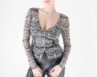 Y2K Abstract Print Plunge Neck Stretch Long Sleeve Button Front Top