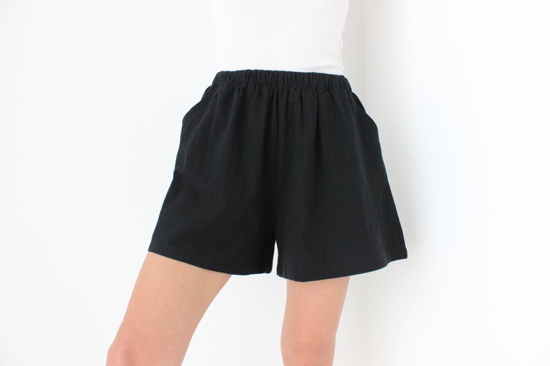 Cotton / Linen Blend Simple Black Elastic High Waist Flared Leg Minimal Shorts image 2