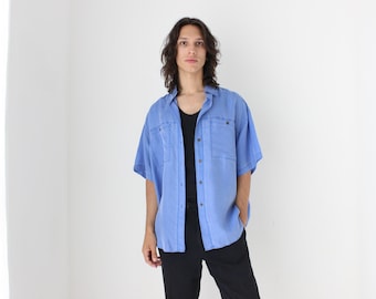80s PURE SILK Acid Wash "Denim" Look Boxy Oversized Unisex Shirt - Unworn Vintage Stock