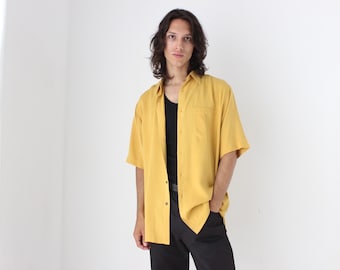 90s Pure Silk Sunshine Yellow Textured Relaxed Button Up Boxy Unisex Shirt - Unworn Vintage Stock