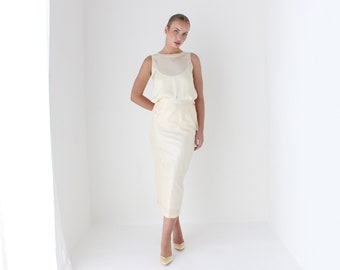 90s Minimal Cream Crinkle Taffeta High Waist Pencil / Column Midi Skirt