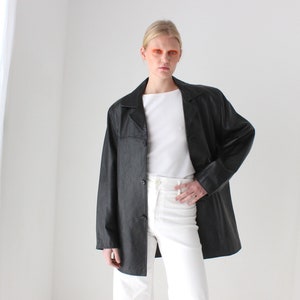 90s Black Leather SIRICCO Classic, Minimal Button Up Boxy Pea Coat / Jacket - Unisex