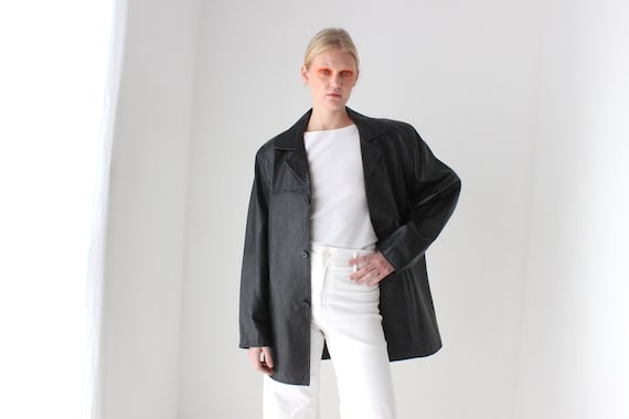 90s Black Leather SIRICCO Classic, Minimal Button up Boxy