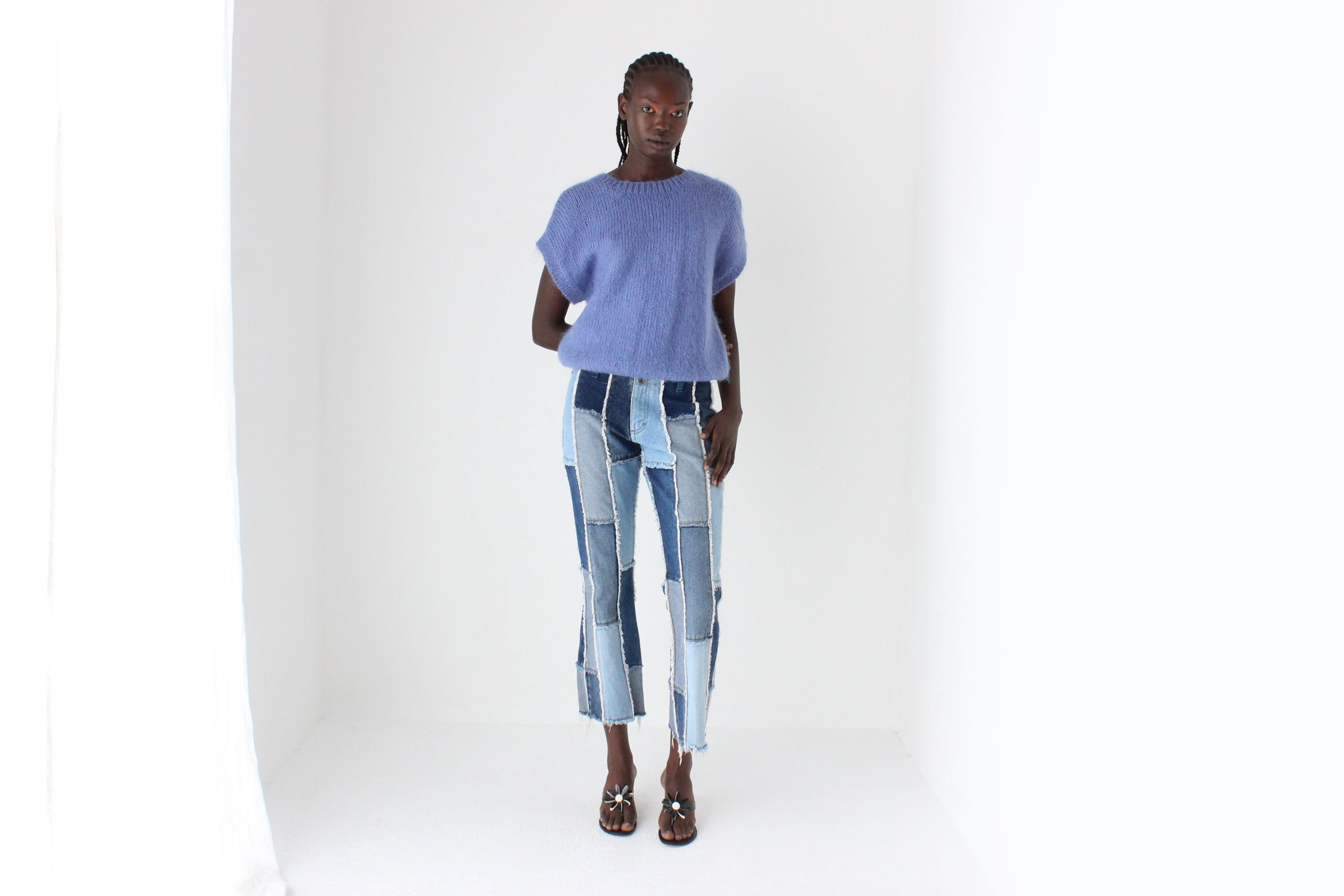 Y2K Frayed Denim Patchwork Texture Cropped Kick Flare Jeans by