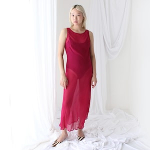 90er Jahre aus reiner Seide Georgette Sheer Magenta Minimal Einfach Schrägschnitt / Stehkragen Ärmelloses Kleid