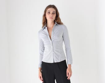 Y2K Grey & White Stripe Sexy Collared Top