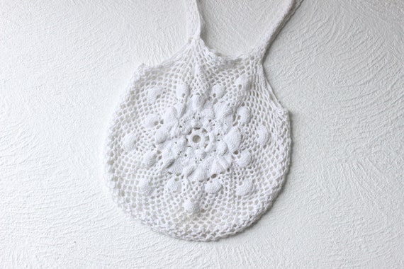 90s White Cotton Crochet Woven Circle Round Shoul… - image 5
