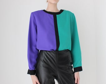 Funky 80s Purple / Emerald Half-n-Half Contrast Top w/ Shoulder Pads