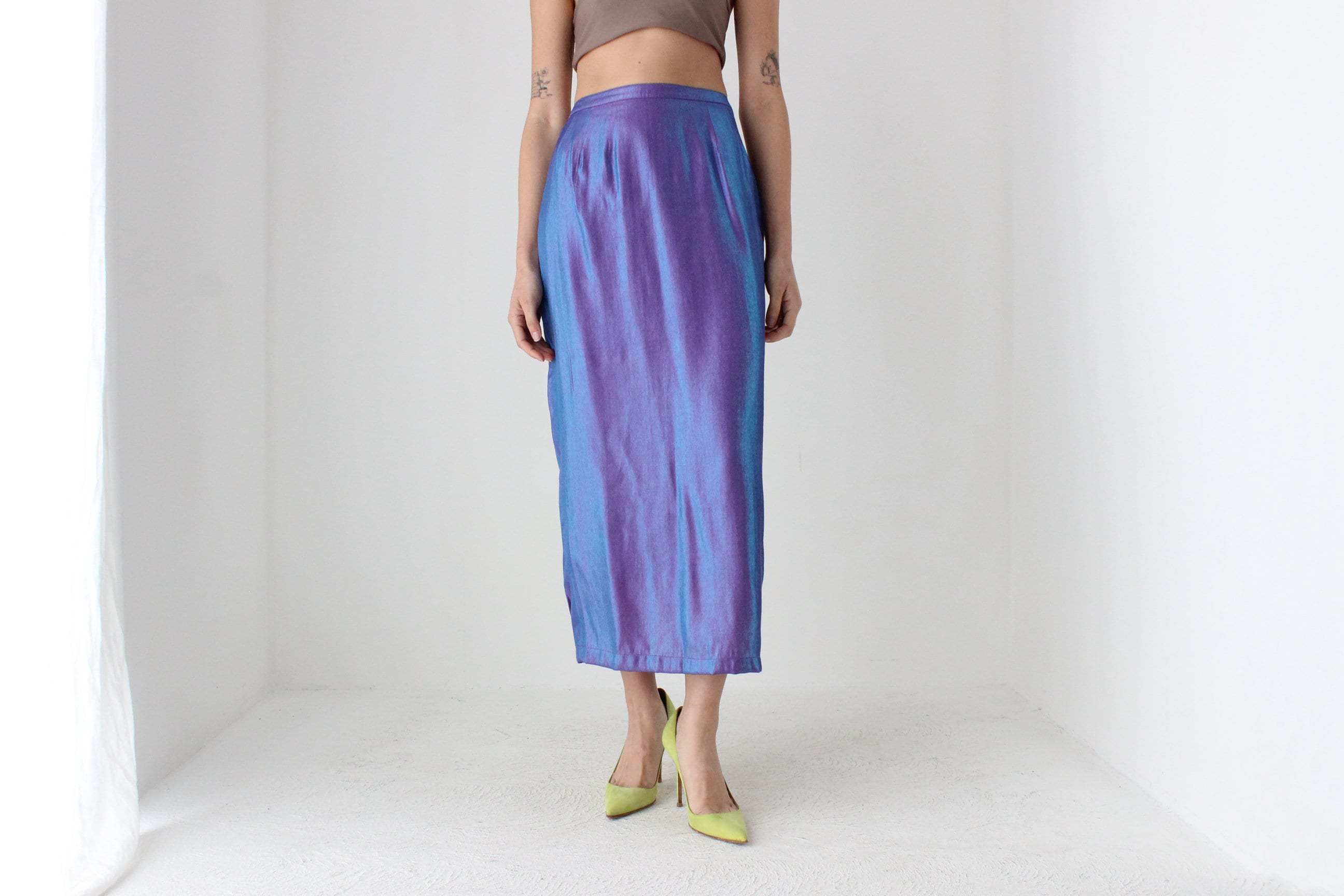 90s Holographic Duo Tone Metallic High Waist Pencil Column Midi