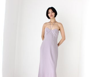 Stunning 90s &quot;Covers&quot; Pastel Purple Cage Cut Out Fitted Minimal Formal Cocktail Halter Gown