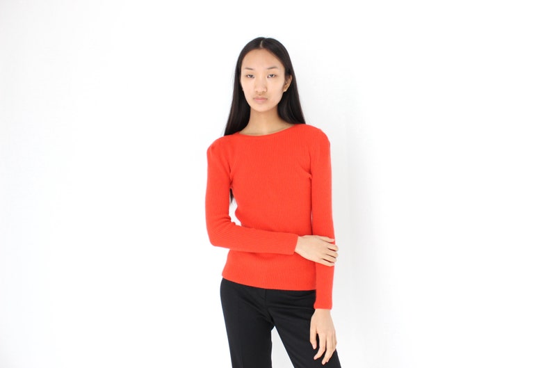 Y2K Angora Blend Bright Orange Ribbed Stretch Knit Crew Neck Fitted Sweater Top image 3