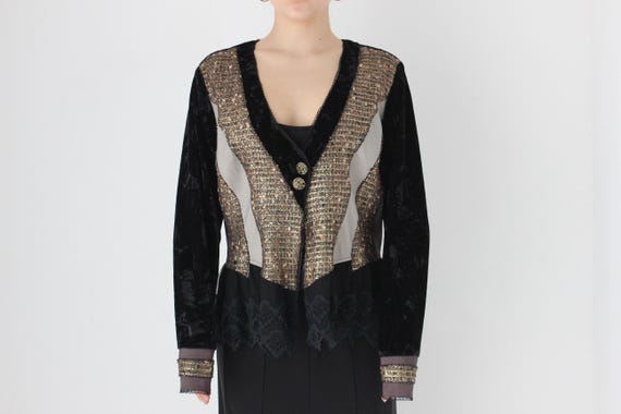 Y2K Textural Metallics, Velvet & Lace Patchwork Lace Ruffle Art Student Jacket or Top