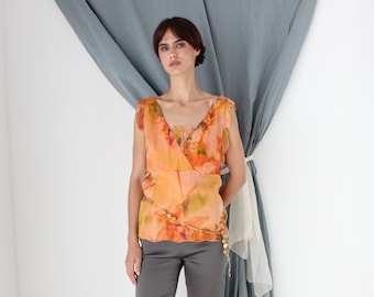 MADE IN ITALY Y2K Pure Silk Ruffle Romantic Floral Cami Top