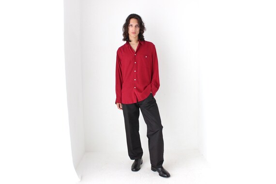 90s Pure Silk Burgundy Textured Relaxed Button Up… - image 1