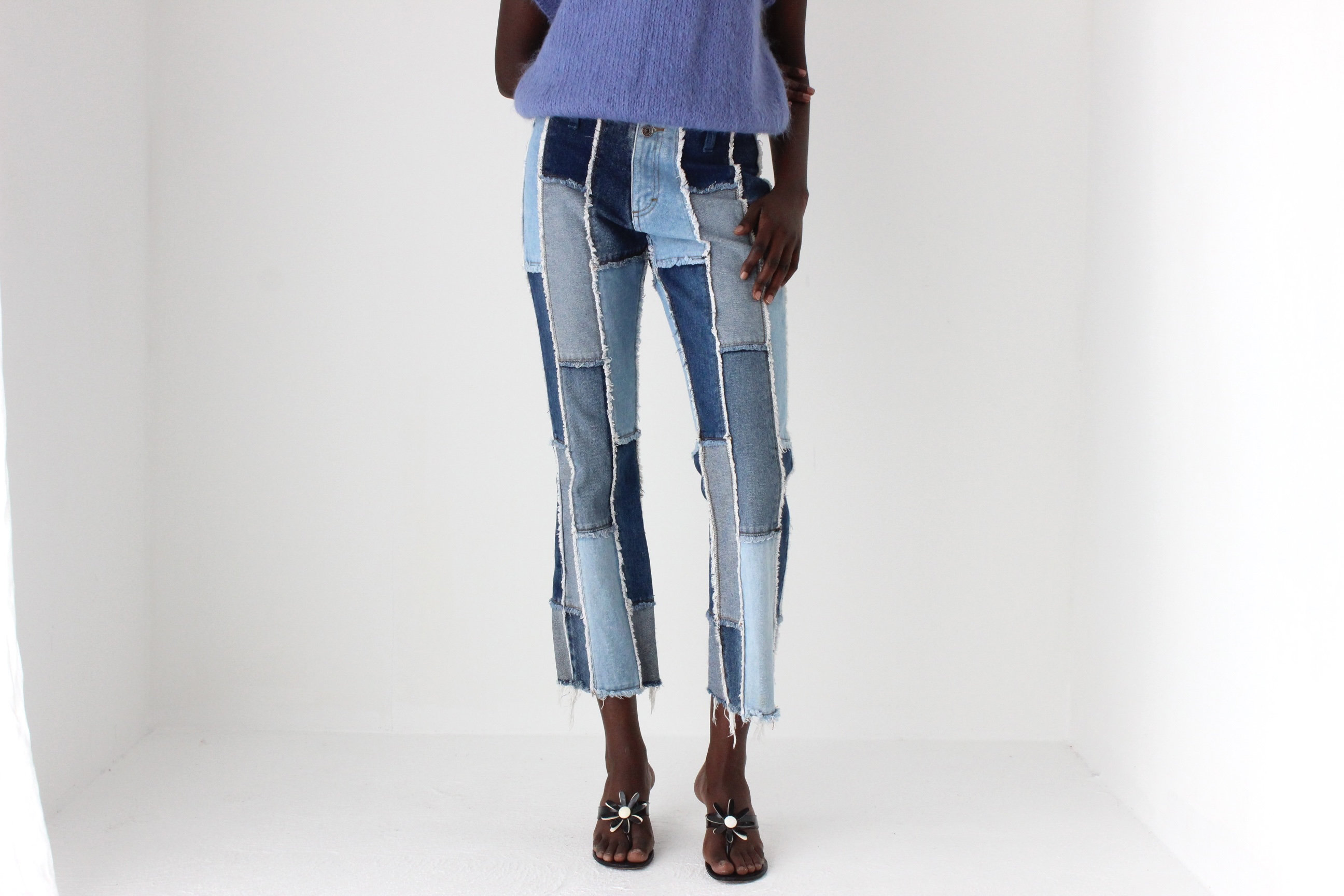 Y2K Frayed Denim Patchwork Texture Cropped Kick Flare Jeans by