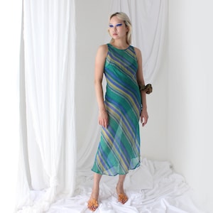 Jaren 90 PURE SILK-jurk met diagonale streepprint, semi-transparante, minimalistische, eenvoudige mouwloze jurk