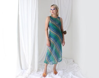 90s PURE SILK Diagonal Stripe Print Semi Sheer Minimal Simple Sleeveless Dress