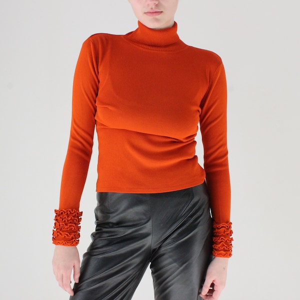 Y2K Burnt Orange Ribbed Stretch Knit Turtle Neck Fitted Sweater Top w/ Ruffled Wrists