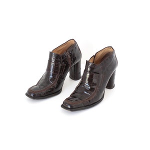Vintage Italian 90s Mock Croc Chocolate &#39;Loafer&#39; Ankle Boots with Cylindrical Heel ~ Euro 38