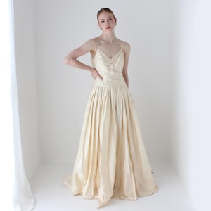 1990s Vintage Silk Dupion Buttercream Wedding Princess Ball Gown w/ Pearl & Swarovski Beading