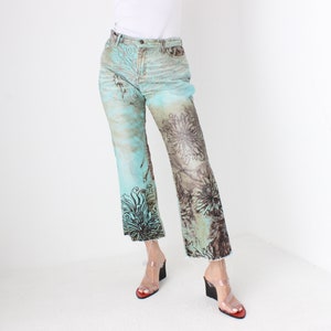 Y2K Just Cavalli Enchanted Fairy Print Distressed Tulle Cropped Jeans