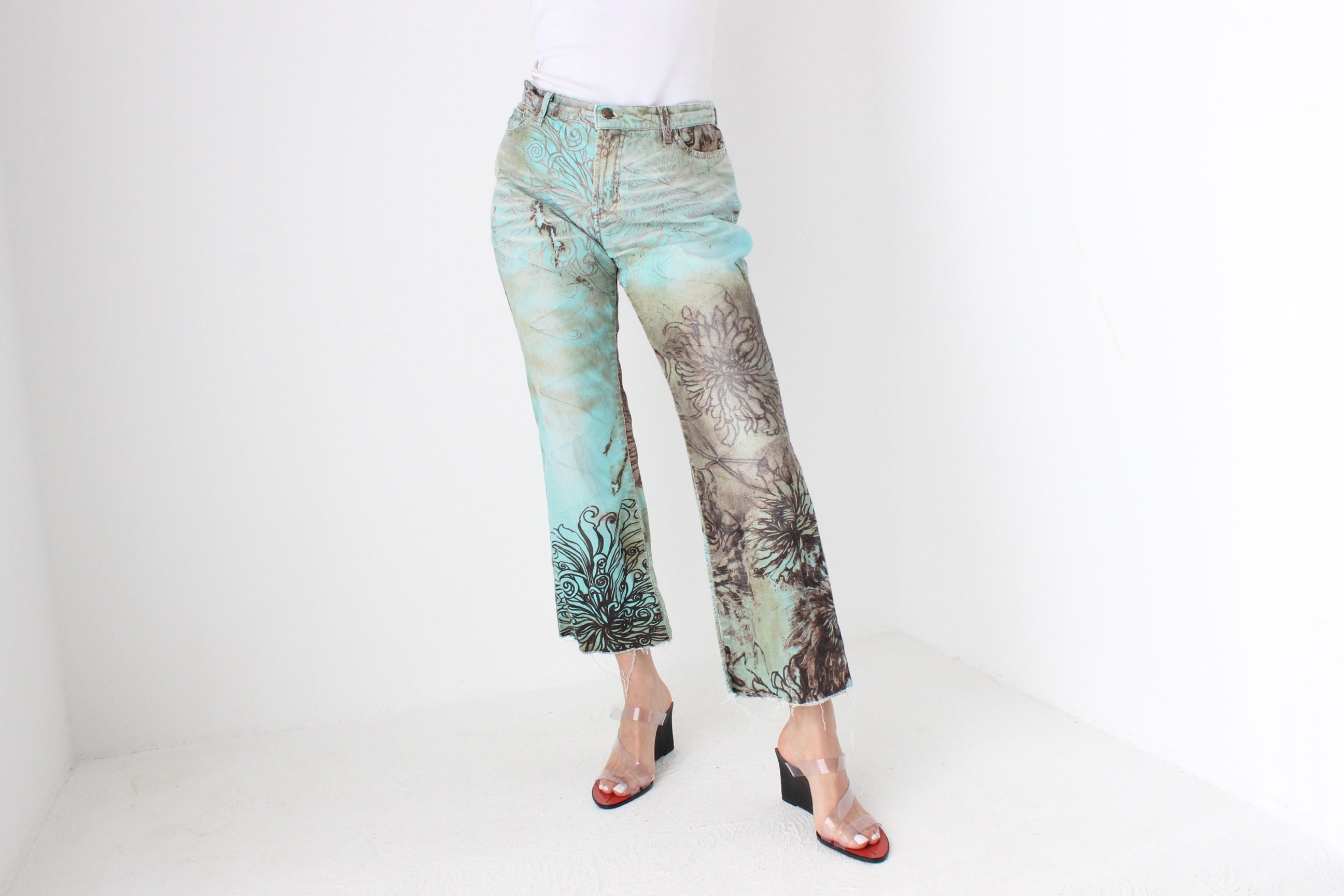 Y2K Just Cavalli Enchanted Fairy Print Distressed Tulle Cropped