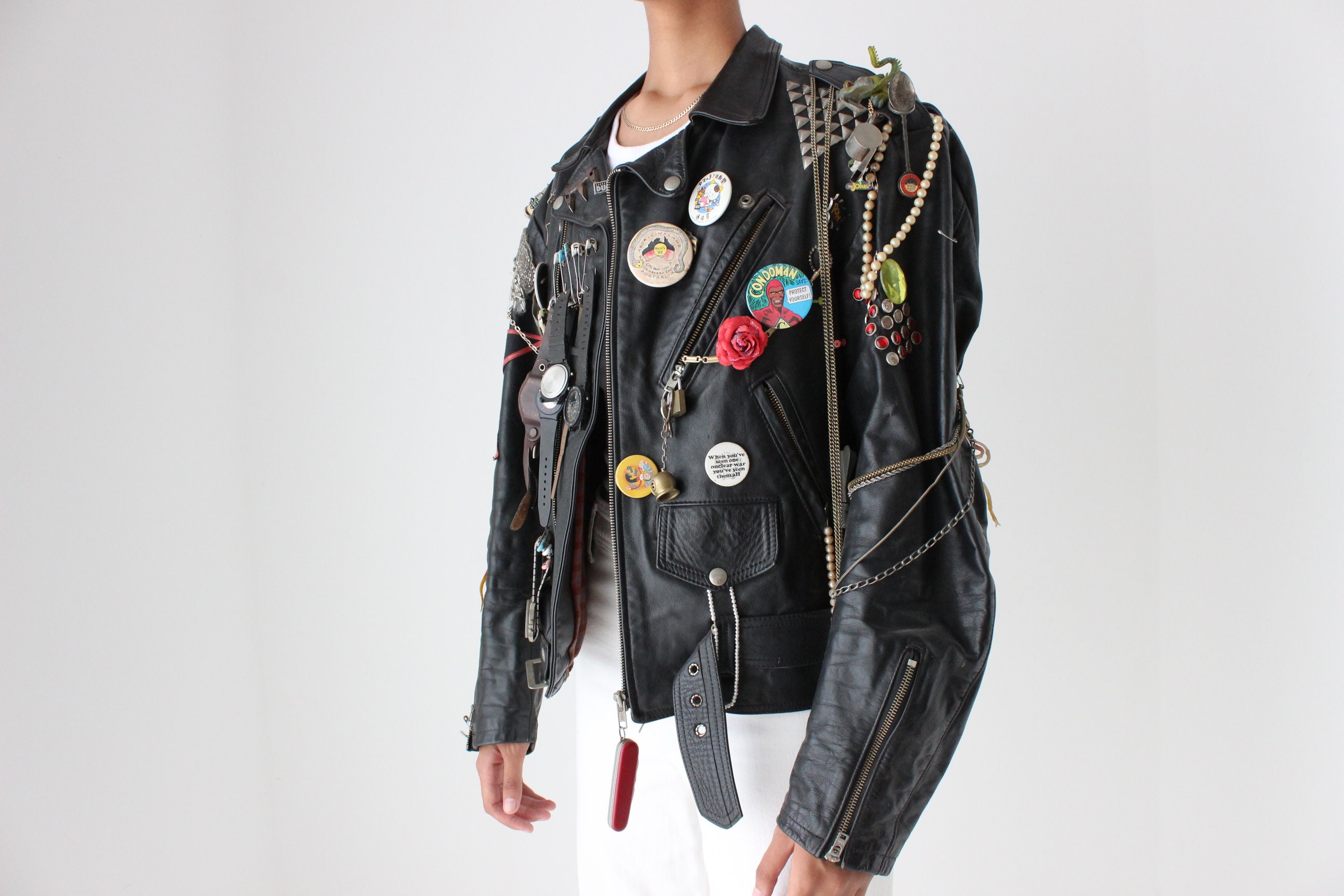 スティッチ!✨80s a-2 real leather jacket Amazon.com: Mens Beat It 80s Disco Thriller Rockstar Vintage
