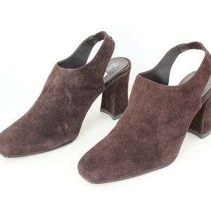 90s Chocolate Suede Minimal Square Toe Slingback Sculpted Heel Mule Shoes Euro 37 / AU 6 / UK 4 / US 7