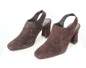 90s Chocolate Suede Minimal Square Toe Slingback Sculpted Heel Mule Shoes Euro 37 / AU 6 / UK 4 / US 7