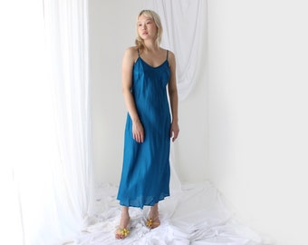 90s Pure Silk Bias Cut Deep Teal Spaghetti Strap Slip Dress
