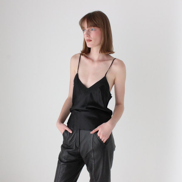 90s Jet Black PURE SILK Minimal Spaghetti Strap Cami Slip Tank Top - Deadstock, Never Worn