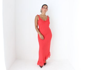 Y2K Coral PURE SILK Ruffle Neck Bias Cut Asymmetric Slip Dress