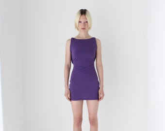 90s Italian Vintage Slinky High Neck Micro Mini Dress w/ Silver Chain Backless Detail by Louisa Spagnoli