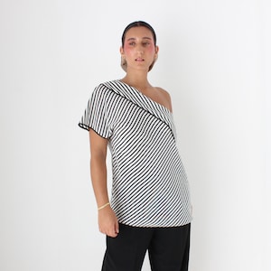 2000s Diane Von Furstenberg Striped Modernist Silk One Shoulder Asymmetric Top