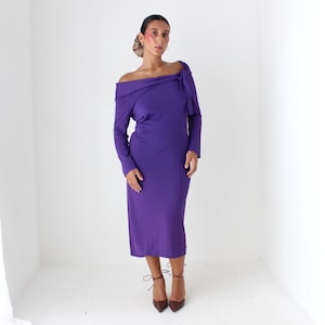 2000s Alberta Ferretti Royal Purple Stretch Fitted Off Shoulder Long Sleeve Dress