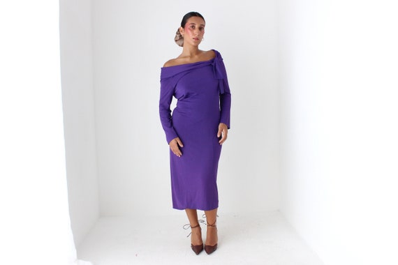 2000s Alberta Ferretti Royal Purple Stretch Fitted Off Shoulder Long Sleeve Dress