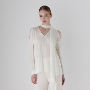 Elegant 2000s Ivory Crepe Chiffon Bridal Blouse w/ Shoulder Cut Outs and Neck Ties at Collar