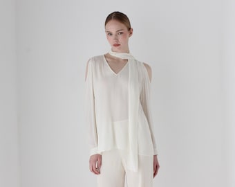Elegant 2000s Ivory Crepe Chiffon Bridal Blouse w/ Shoulder Cut Outs and Neck Ties at Collar