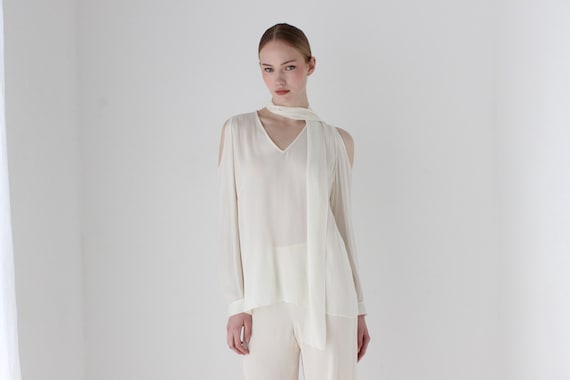 Elegant 2000s Ivory Crepe Chiffon Bridal Blouse w/ Shoulder Cut Outs and Neck Ties at Collar