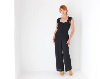 Dreamy 80s Loose Black Relaxed Wide Leg Button Up Waistcoat Jumpsuit w/ Ribbon Embroidered Mesh