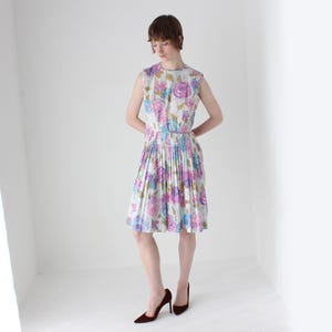 80s does 50s Romantic Pastel Pleated Floral Cotton Full Circle Skirt Sleeveless Sun Dress
