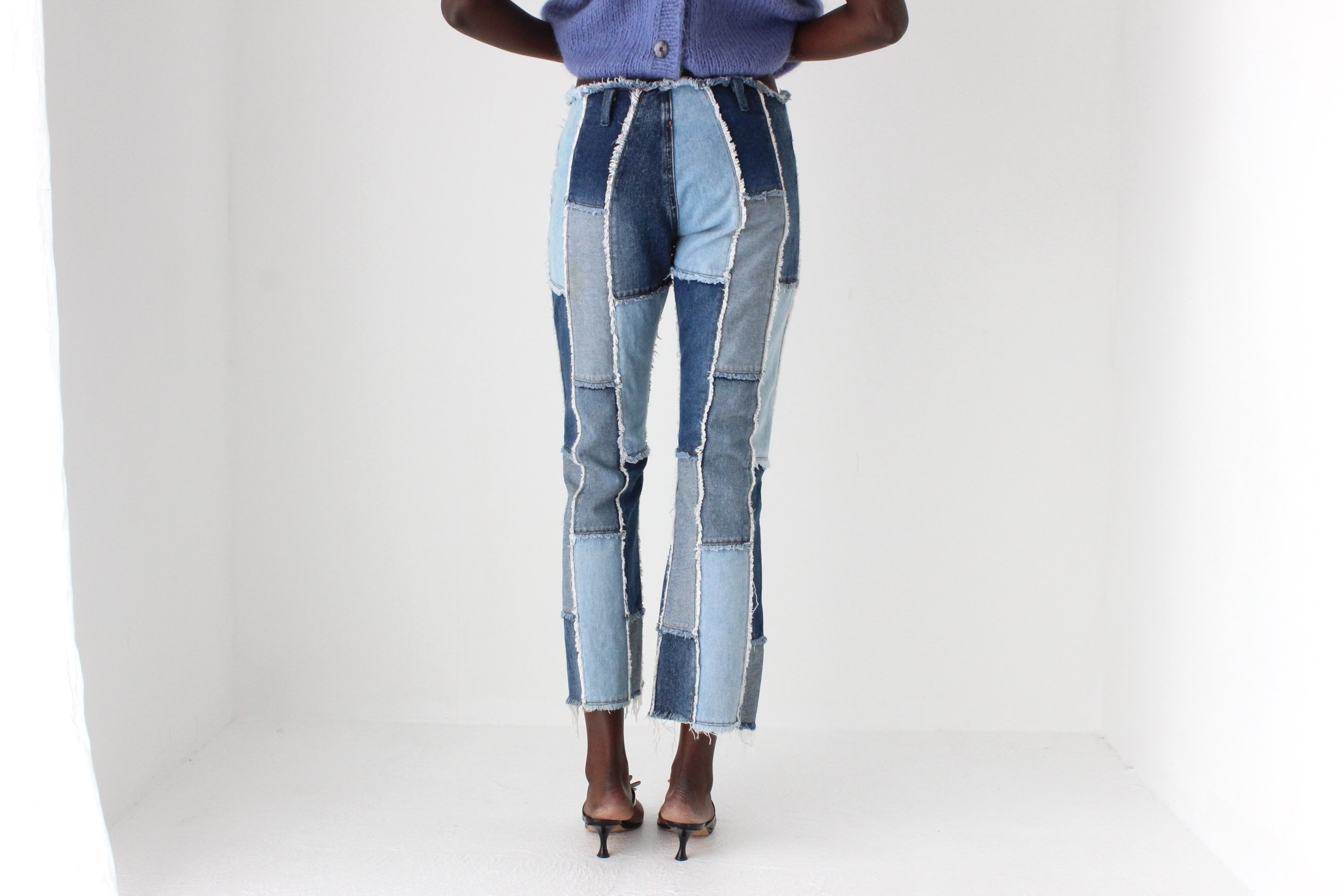 Y2K Frayed Denim Patchwork Texture Cropped Kick Flare Jeans by