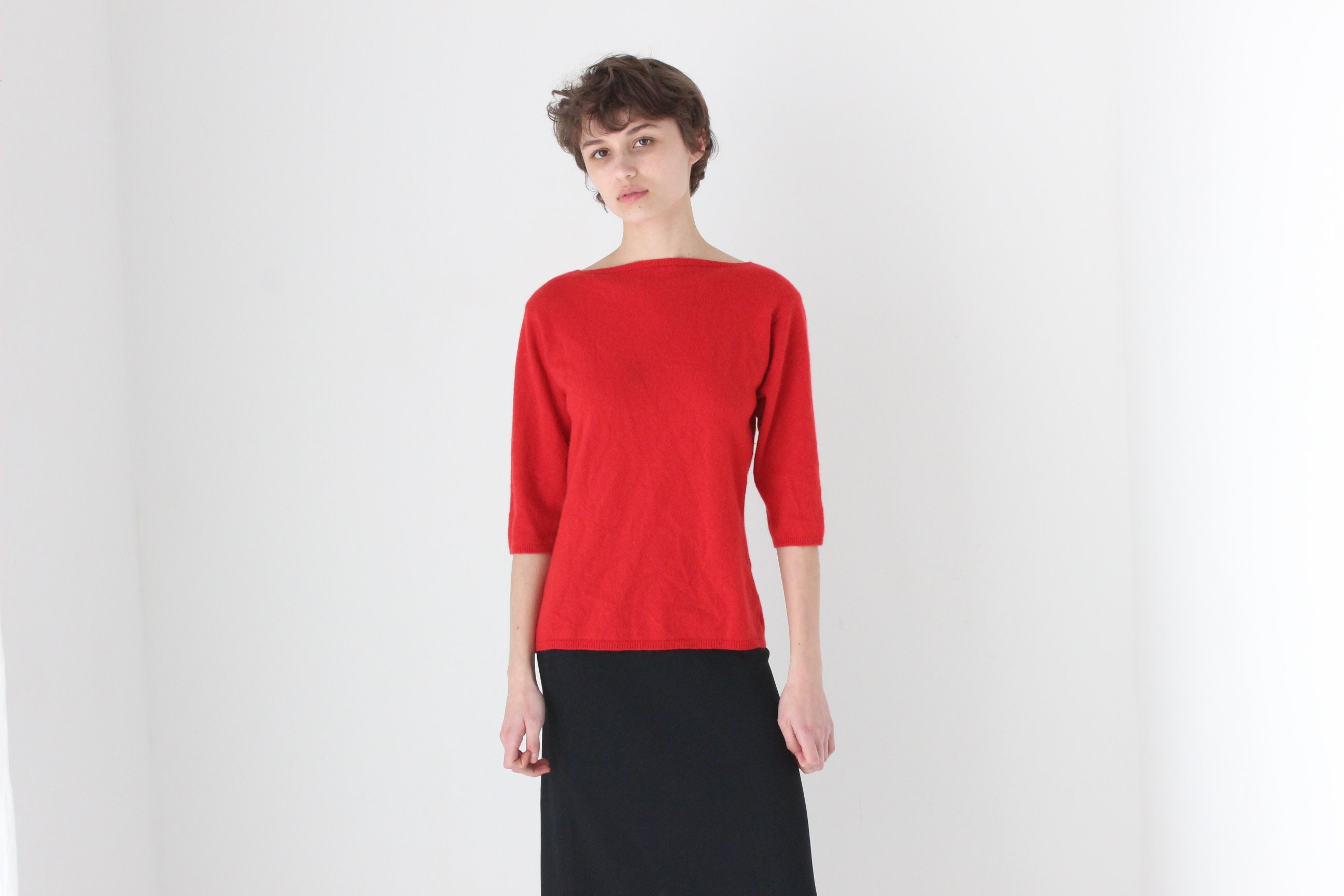 90s Minimal Soft Knit Bateau Neck Three-quarter Sleeve Red