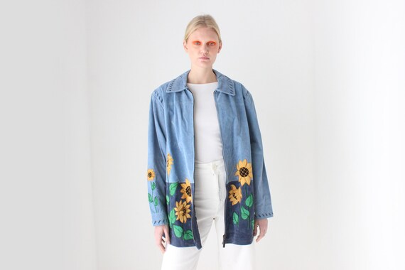 90s Suede Sunflower Patchwork Oversized Leather Zip Front XL 