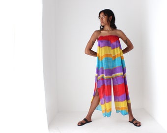 70s French Vintage Strapless Rainbow Sheer Beach Coverup Relaxed Jumpsuit