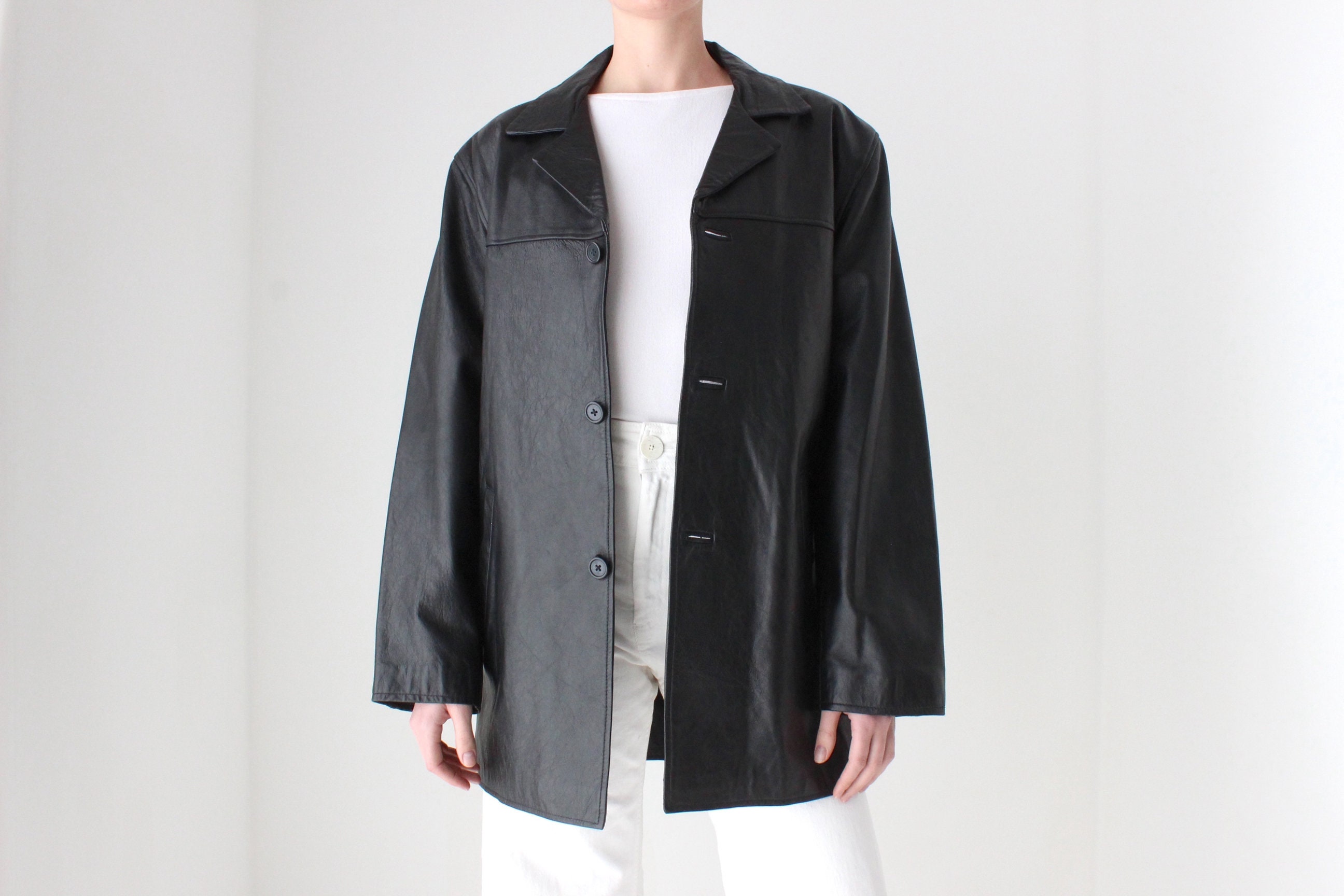 90s Black Leather SIRICCO Classic, Minimal Button up Boxy Pea Coat