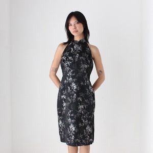 90s Chinese Satin Black + Silver Wiggle Fitted Cheongsam Collar Dress