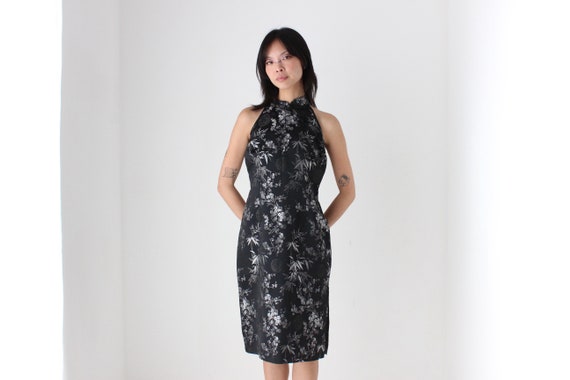 90s Chinese Satin Black + Silver Wiggle Fitted Cheongsam Collar Dress